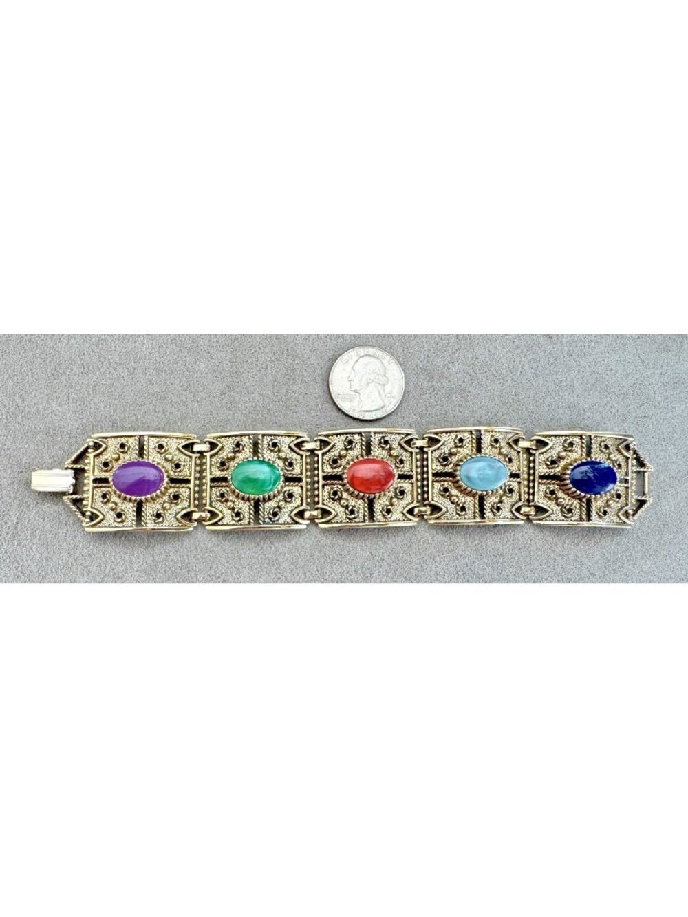 Vintage SARAH COVENTRY 1.25" Wide Hinged PANEL BRACELET w/ Faux GEMSTONES 7.25"